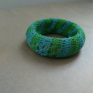 Boho Green & Turquoise Striped Crochet Bangle